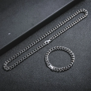 Set collana e bracciale a catena cubana in acciaio inossidabile argento lucido per uomo e donna