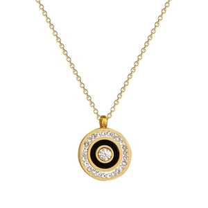 Minimalist titanium steel gold necklace with a round crystal pendant on white background