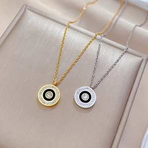 Round Circle Pendant Necklace Titanium Steel Black Enamel Rhinestone Minimalist Clavicle Chain Fashion Jewelry For Women