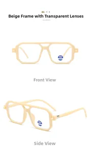 Detail of cream double-bridge polygon frame glasses with blue light blocking lenses