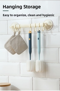 Suction cup wall rack with six adjustable hooks for kitchen and bathroom storage