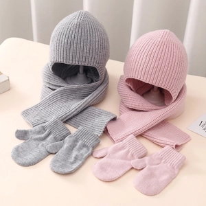 Baby winter knit set including warm hat, scarf and mittens in pink and grey