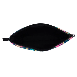 Digital sloth print makeup bag showing internal storage and black lining from a top view