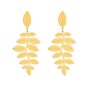Golden layered leaf drop earrings with retro botanical design on white background