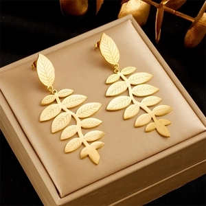 Fashion Creative Irregular Leaf Dangle Earrings For Women Gold Plated Titanium Steel Long Leaf Drop Earrings Jewelry Gift