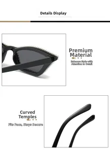Detailed macro view of black cat-eye sunglasses featuring elegant rhinestone edge inlay