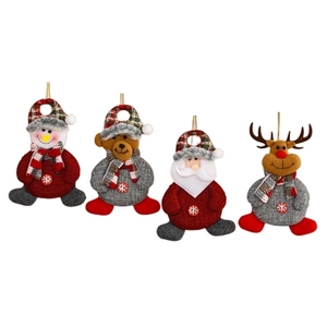 Set of 4 plush Christmas tree hanging ornaments featuring Santa, reindeer, bear, and snowman
