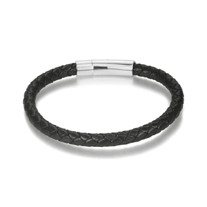 Men's braided black leather bracelet with a polished silver magnetic clasp on white background