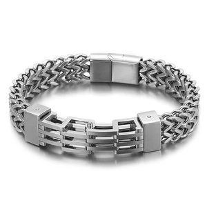 Polished silver titanium steel double-row chain bracelet for men with magnetic clasp