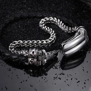 Men's double-layered woven leather bracelet with silver titanium steel spring clasp