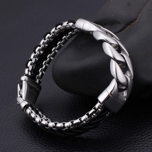Macro view of men's braided leather bracelet with 316L stainless steel buckle