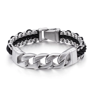 Men's retro braided multi-layer bracelet with silver Cuban chain and black nylon rope