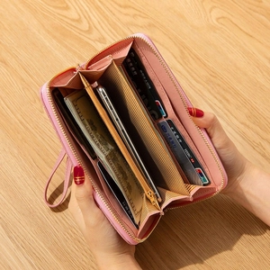 Pink long PU leather wallet for women with multi-card slots and zippered phone pocket