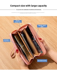 Detailed view of pink long wallet interior with card slots, coin pocket and phone space