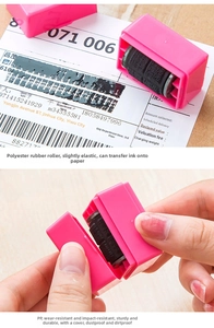 Close-up of pink privacy roller stamp covering personal data on shipping labels
