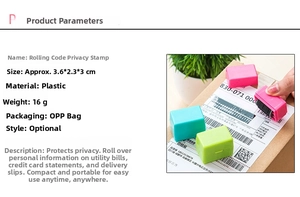 Detailed view of 3.6x2.3x3cm roller identity protection stamp and its privacy ink effect
