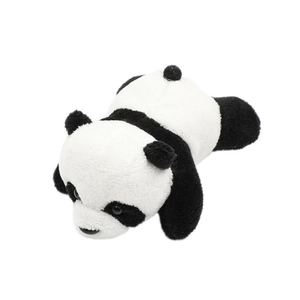 Cute plush panda brooch in black and white lying flat on a clean white background