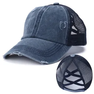 Damen Pferdeschwanz Baseballkappe Gewaschene Baumwolle Distressed Mesh Trucker Hat Kreuzelastik High Bun Sonnenhut
