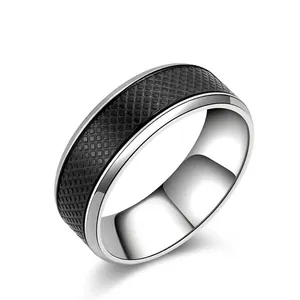 Mens Stainless Steel Ring Black Mesh Knurled Texture Two Tone Polished Edge Industrial Style Jewelry Band
