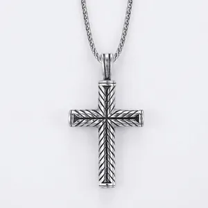 Stainless Steel Cross Pendant Necklace Men Vintage Weave Pattern Punk Rock Gothic Hip Hop Jewelry