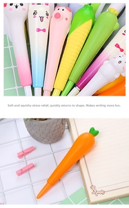 Close-up of cute cartoon stress-relief pens with slow-rebound soft foam and kawaii designs