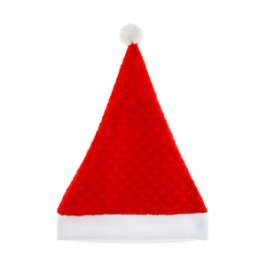Classic red plush Christmas hat with embossed heart pattern and soft white faux fur trim