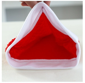 Close-up of the soft plush interior lining and stitching of the red velvet Santa hat