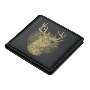 Minimalist black leather bifold wallet with a gold deer head print and reinforced stitching