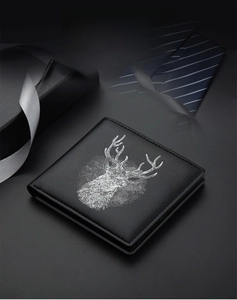 Men's slim leather wallet featuring a white deer logo on black nappa texture finish