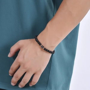 6mm natural volcanic lava stone stretch bracelet with letter A bead on model wrist