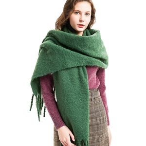 Close-up of green chunky knit scarf with tassels on a model wearing purple sweater