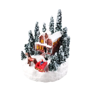 Luminous resin Christmas house ornament with snow base and red horse carriage