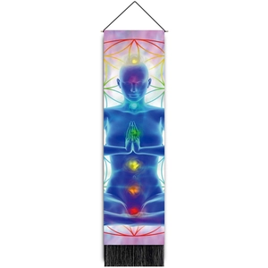 Detailed view of meditation tapestry featuring 7 chakras and Flower of Life pattern