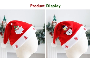 Detail of Christmas hats featuring plush Santa and snowman patches with snowflake patterns