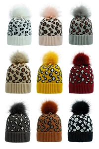 Detail display of nine leopard print knit hats with large pom poms in various color options