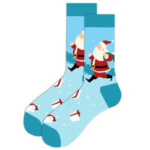 Detailed view of blue Christmas socks featuring red Santa Claus and gift patterns
