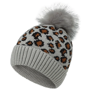 Stylish winter knit beanie for women featuring grey leopard pattern and large faux fur pom