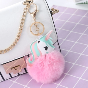 Cute colorful PU unicorn keychain with pink faux fur pompom for bag decoration