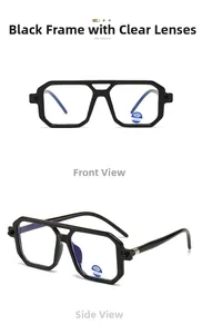 Front and side views of double bridge polygonal black frames with blue light blocking lenses