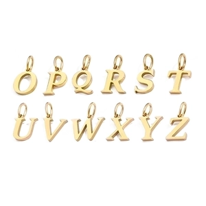 Close-up of gold-plated alphabet pendants from O to Z with a polished metallic finish