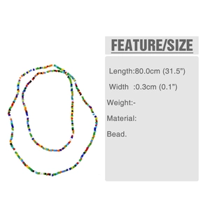Spécifications de taille pour collier bohème en perles colorées, longueur 80cm et largeur 3mm