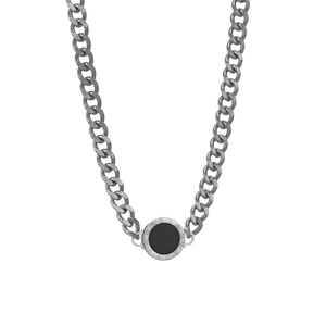 Vintage stainless steel Cuban link necklace with black Roman numeral pendant charm