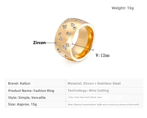 Detailed chart of 12mm wide stainless steel ring set with zircon stones in gold finish