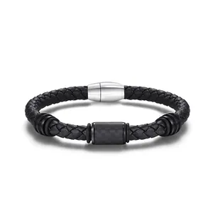 Men Braided Leather Bracelet With Carbon Fiber Stainless Steel Magnetic Clasp Vintage Ethnic Style Bangle For Men