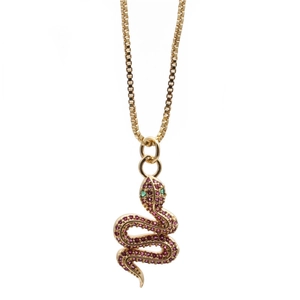 Golden snake pendant necklace with red cubic zirconia and green gem eyes for women