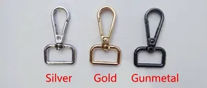 Detail of durable metal lobster clasps in silver, gold, and gunmetal finishes for bag straps