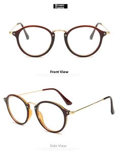 Vistas frontal y lateral de gafas redondas de carey con patillas de metal dorado