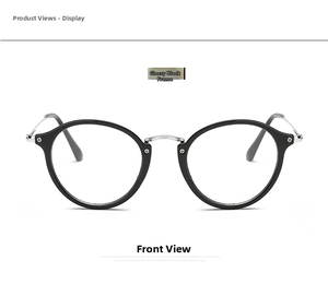 Vista frontal de monturas redondas vintage negras con puente de metal plateado para gafas