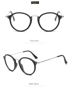 Vista frontal y lateral de gafas redondas retro negro mate con puente de metal plateado