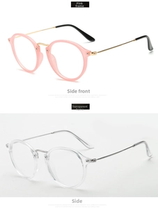 Vista lateral de monturas de gafas redondas retro en resina rosa y transparente
